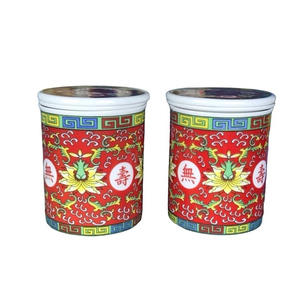 Eastern Asian Jingdezhen Red Longevity Lotus Porcelain Tea Infuser Lidded Cups - Picture 2 of 12